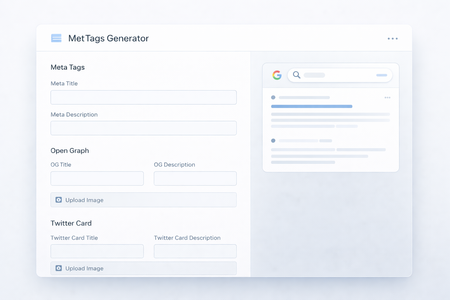 Meta tags generator interface showing SEO title, meta description, and search result preview